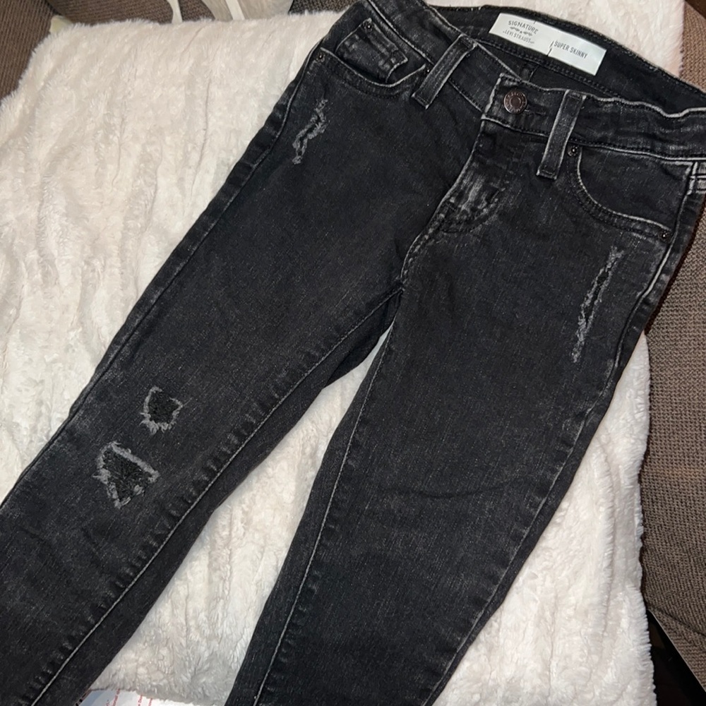 Levi Strauss signature black denim super skinny jeans distressed pants 8 girls​​ - Picture 4 of 13